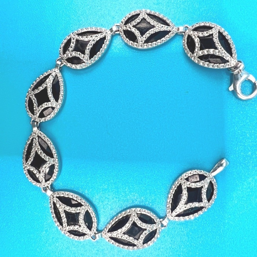 Sterling Silver Onyx Tennis Bracelet Marcasite Rhodium Plated 7"